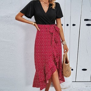 Coolmee Women's Summer Dress V-Neck Flared Sleeve Color Block Dresses Front Split Ruched Casual Midi Dress with Belt - 1 of 4