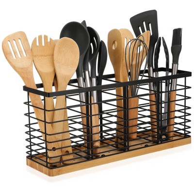 LunaLulinlk Utensil Holder for Kitchen Counter, 4 Compartments, Matte Black Metal Cooking Utensil Organizer with Wooden Base for Kitchen Countertop