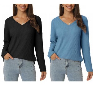 INSPIRE CHIC Women's V Neck Waffle Knit Long Sleeve Casual Tunic Blouses 2 Packs - 1 of 4