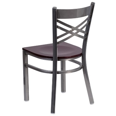 Black and Silver Metal Cross Back Side Chair with Brown Wood Seat