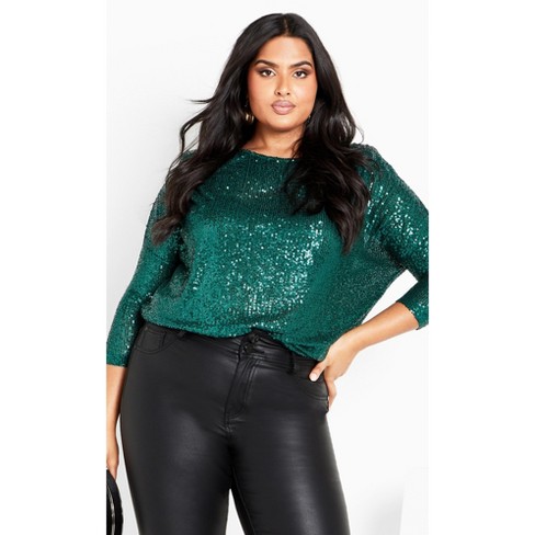 Women's Plus Size Lots Of Sequins Top - Green