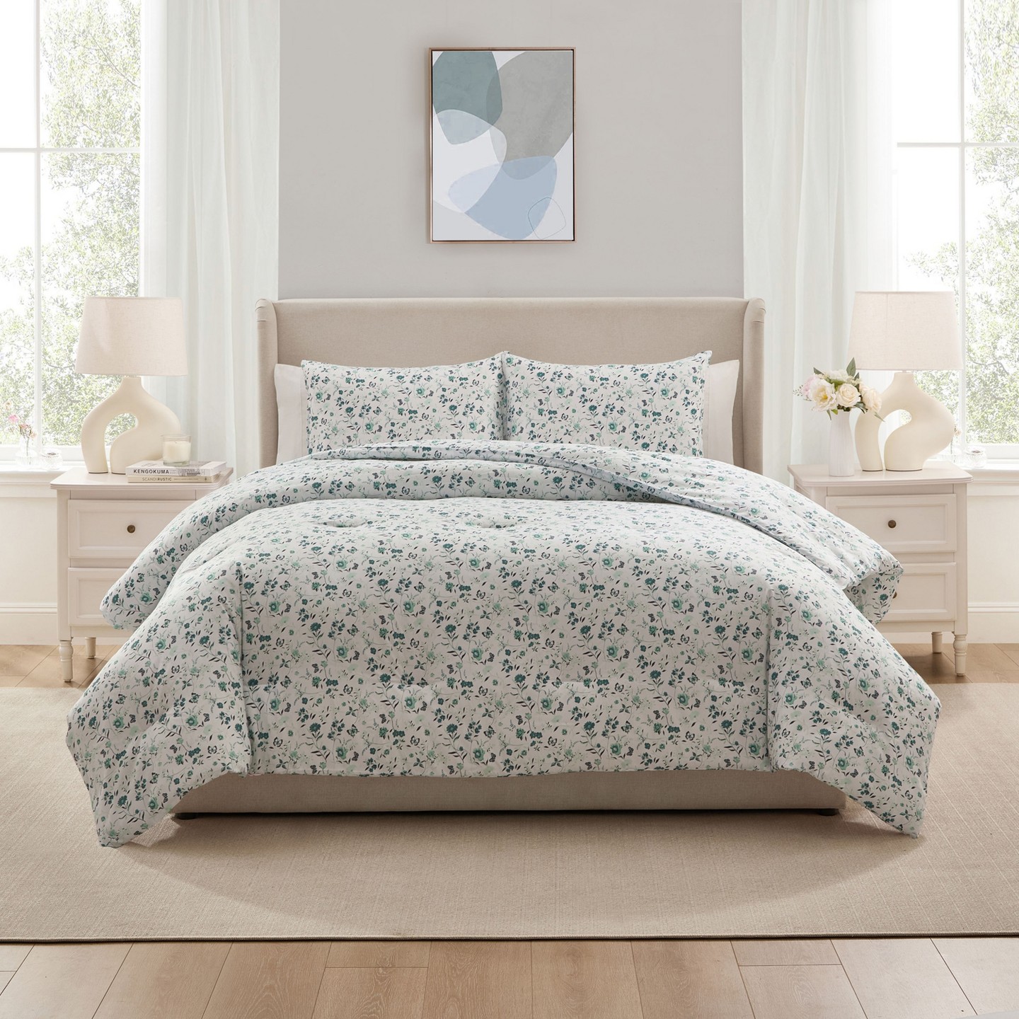 Постельное бельё Nestl Modern Comforter, 3pc Floral Comforter Set, Queen Size Bedding Set - Green Floral, цвет: С принтом — фото 5