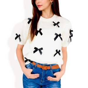 Anna-Kaci Women's Short Sleeve Knit Sweater with Ribbon Bow Accents - 1 of 4