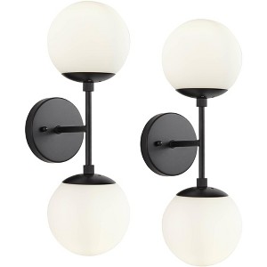 Possini Euro Design Oso Mid Century Modern Wall Light Sconces Set of 2 Black Hardwire 6" 2-Light Fixture Frosted White Glass for Bedroom Bathroom Home - 1 of 4