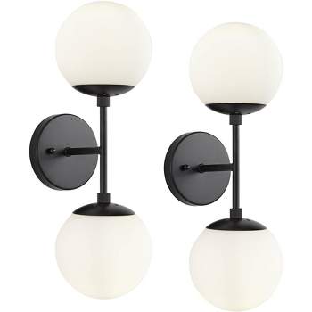 Possini Euro Design Oso Mid Century Modern Wall Light Sconces Set of 2 Black Hardwire 6" 2-Light Fixture Frosted White Glass for Bedroom Bathroom Home