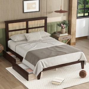 APRILSOUL Bed with Rattan Headboard, Two Storage Drawers, Rubber Wood Bed with Enhanced Support Salts and Feet - 1 of 4