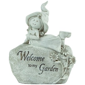 Northlight 8.75" Girl on Rock "Welcome to My Garden" Outdoor Patio Garden Statue - Ivory - 1 of 4