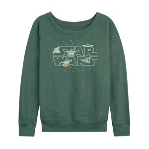 Women's - Star Wars - The Mandalorian Grogu Star Wars Lightweight French Terry Wide Neck Long Sleeve Graphic Shirt - 1 of 4