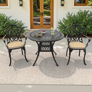 3-Piece Cast Aluminum Outdoor Dining Set with Beige Cushions, Round Table & Ergonomic Chairs - for Patio, Backyard - 1 of 4