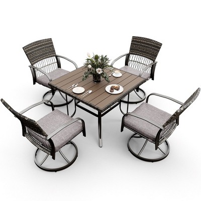 Pamapic 5-Piece Metal Patio Outdoor Dining Set with Square Table and Rattan Swivel Chairs with Cushion