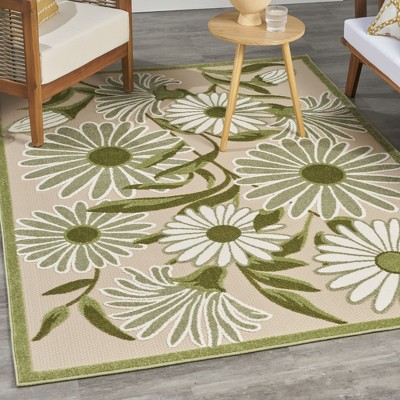 Ivory Green Daisy Flower Flatweave Outdoor Rug 5'3" x 7'5"