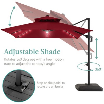 Burgundy 10x10ft 2-Tier Solar LED Cantilever Patio Umbrella with Base