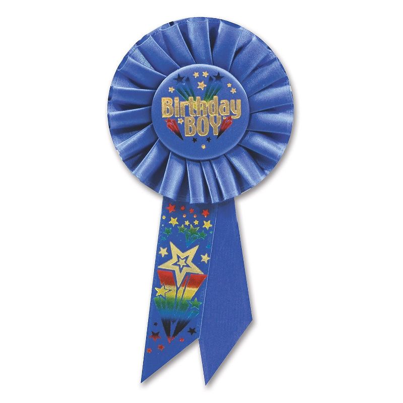 Beistle Biestle 3 1/4" x 6 1/2" Birthday Boy Rosette With Fireworks Blue 3/Pack RS193, 1 of 2