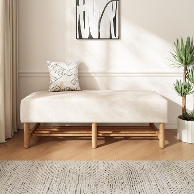 Kumasinova 48.7" Soft Linen Fabric Ottoman Bench with Bottom Shelf,Versatile Entryway Shoe Bench with Rubberwood Legs,Beige