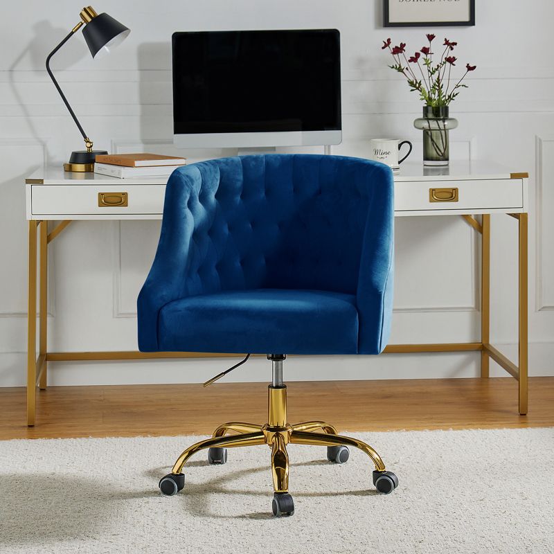 Anika Velvet Height-adjustable Swivel Task Office Chair with Button-tufted Back and Gold Base | Karat Home, 4 of 12
