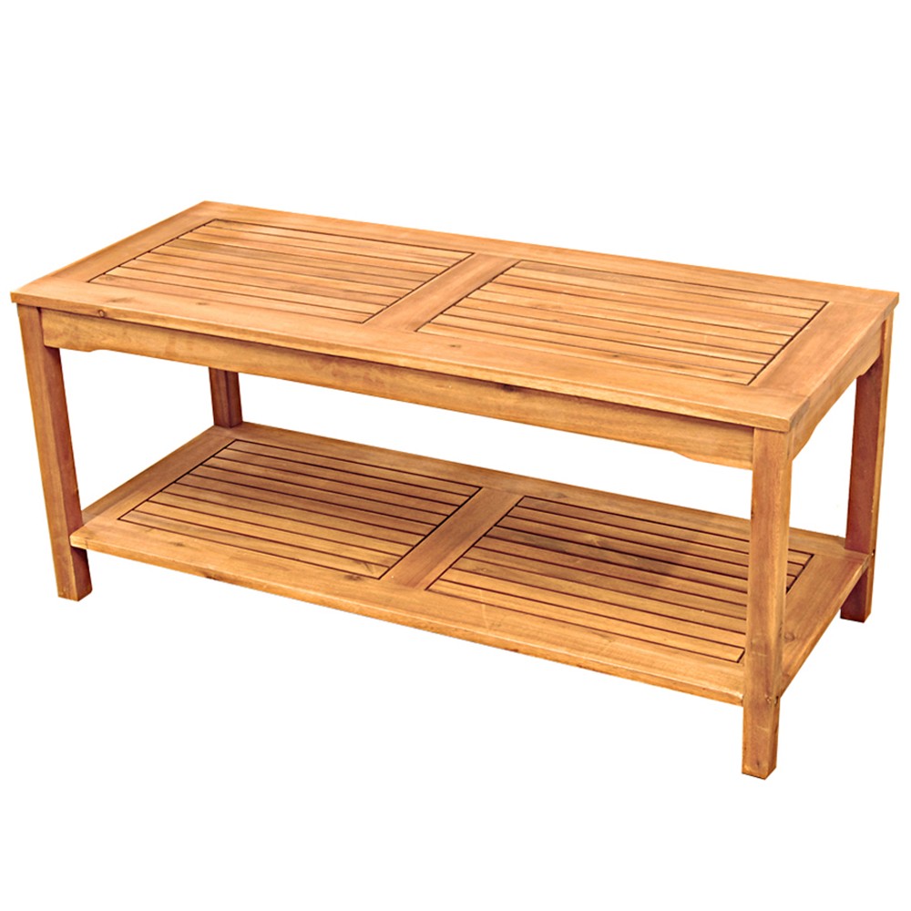 Ravenscroft Modern Boho Acacia Wood Slatted Outdoor Coffee Table with Lower Shelf Brown Saracina Home