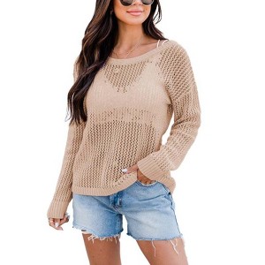 Women's Crochet Tops Long Sleeve Hollow Out Beach Summer Sweater Boho Knit Coverup - 1 of 1