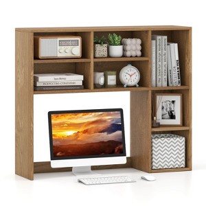 Costway Desktop Bookshelf Desk Storage Hutch with 7 Open Cubbies & 3 Adjustable Shelves Natural/Brown/White - 1 of 4