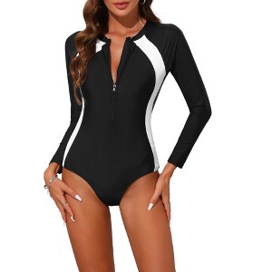 INSPIRE CHIC Women's Long Sleeve Sporty Scoop Neck Zipper Surfing Swimwear Monokini Sets 1 Piece - 1 of 4