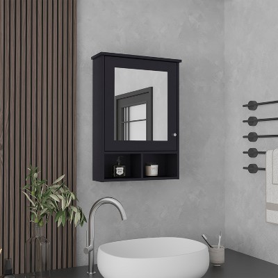 Vynxaria 29" High Medicine Cabinet with Mirror Door, Featuring Three Concealed Shelves and Two Open Shelves for Bathroom, Kitchen, or Mudroom