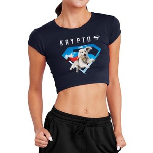 Women's Superman 2025 Krypto Sky Shield Cap Sleeve Baby Rib Crop Top - 1 of 4