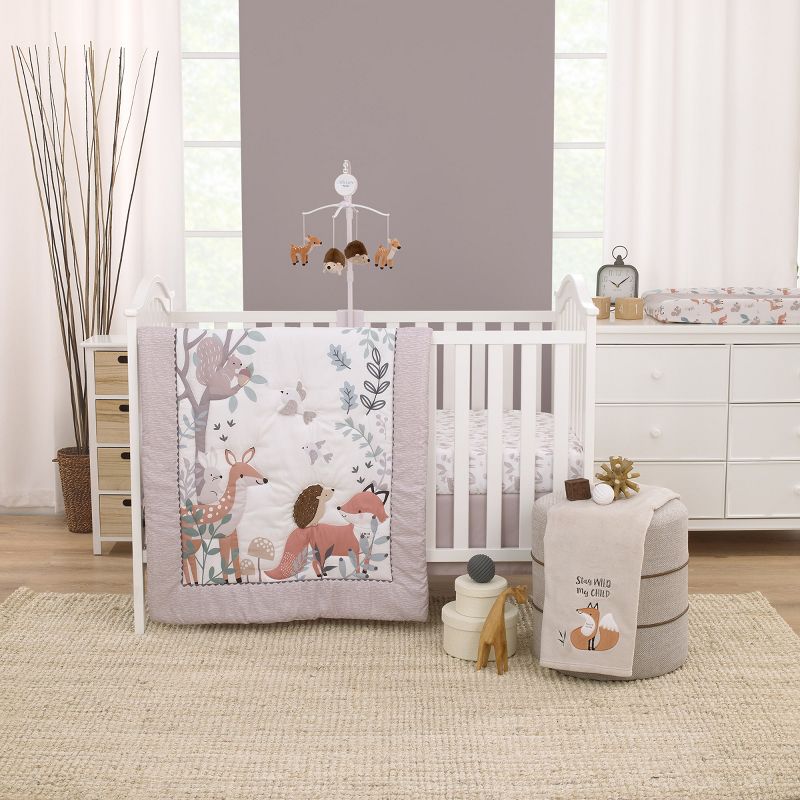 Little Love by NoJo Woodland Meadow Taupe, Sage, and White Deer, Fox, and Hedgehog 3 Piece Nursery Crib Bedding Set, 1 of 9