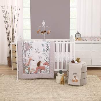 Little Love by NoJo Woodland Meadow Taupe, Sage, and White Deer, Fox, and Hedgehog 3 Piece Nursery Crib Bedding Set