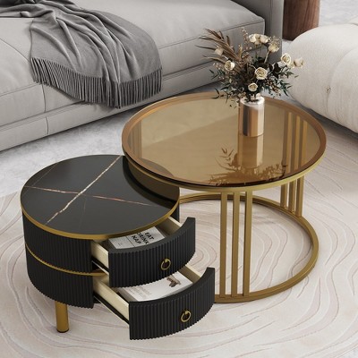 Round Black and Gold Marble Glass Nesting Coffee Table Set with Storage
