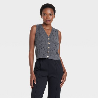 Women's Cabled Button-down Vest - A New Day™ Dark Gray L : Target