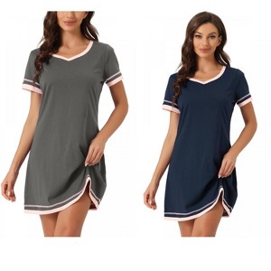 INSPIRE CHIC Women's 2 Pcs Short-Sleeve Nightshirt Color-Block V-Neck Sleepdress Set - 1 of 4