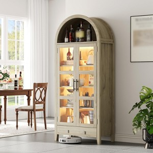 71" Tall Arched Kitchen Pantry Cabinet, Wood Cupboard Storage Cabinet with Lights & Glass Doors, Versatile Display Cabinet for Living Room Kitchen - 1 of 4