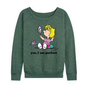 Women's - Peanuts - Yes I Am Perfect Sally Lightweight French Terry Wide Neck Long Sleeve Shirt - 1 of 4
