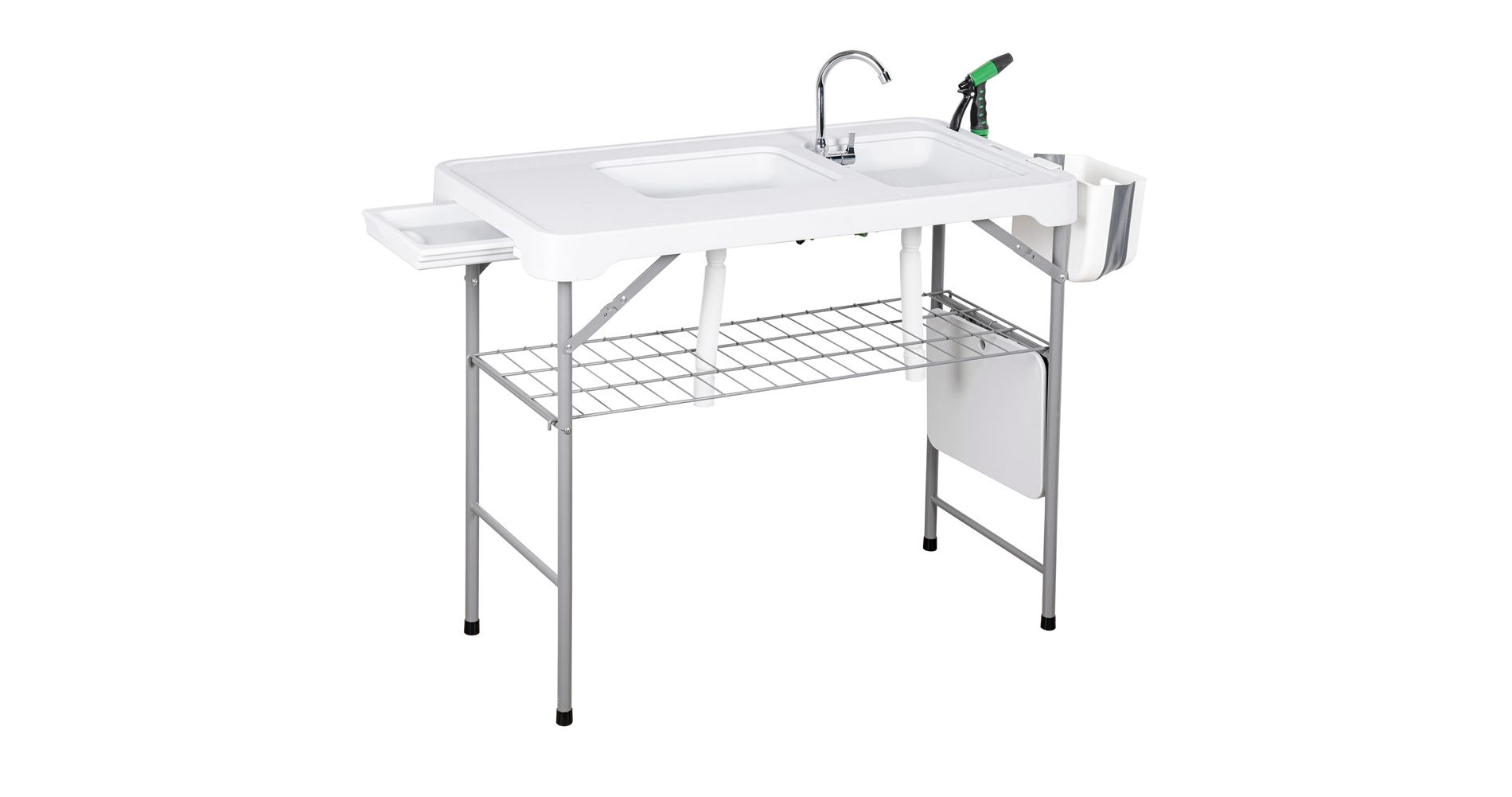 Outdoor Fish Cleaning Table with Dual Sink, Portable Folding Camping Table with Faucet, Sprayer & Grid Rack, Fish Cleaning Station for Outdoor Picnic