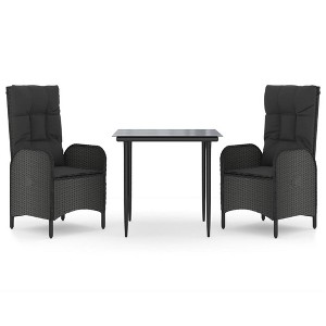 vidaXL 3 Piece Patio Dining Set with Cushions - Black Poly Rattan Garden Reclining Chairs and Tempered Glass Table, Outdoor Lounge Furniture - 1 of 4