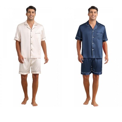 INSPIRE CHIC Men's 2 Pack Satin Pajamas Set Classic Short Sleeve Loungewear