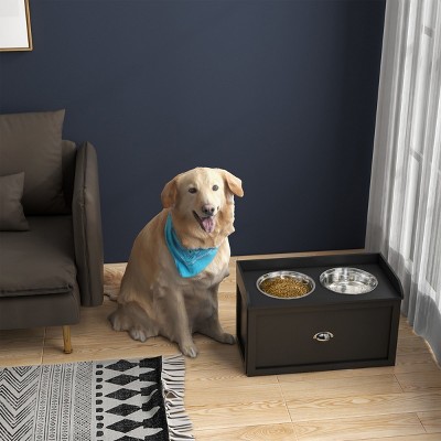 23'' Large Elevated Dog Bowls with Storage Drawer Raised Feeder with Stainless Steel Bowls,Modern Pet Feeding Station - LAOTIES