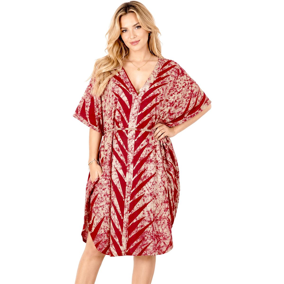 LA LEELA Summer Cotton Women Tunic Dress Resortwear Vacation Holiday Cruise Pregnancy Wear Relaxed Fit Travel Outfit 2X-3X Red Leaf