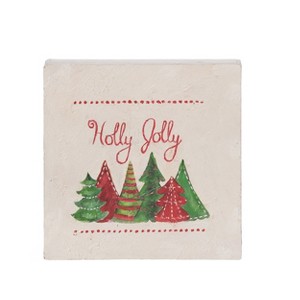 Transpac Hand Painted Holly Jolly Trees Block Freestanding Tabletop Sign Multicolor Christmas Decoration Indoor Gift - 1 of 1