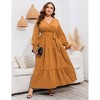 Plus Size Women's V Neck Long Sleeve Maxi Dress with Belt Flowy Elegant Floor Length Dress - 2 of 4