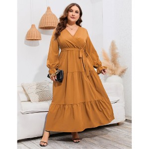 Coolmee Women Plus Size V Neck Ruffled Flowy Long Sleeve Maxi Dress With Belt Wedding Guest Vacation Dresses - 1 of 4
