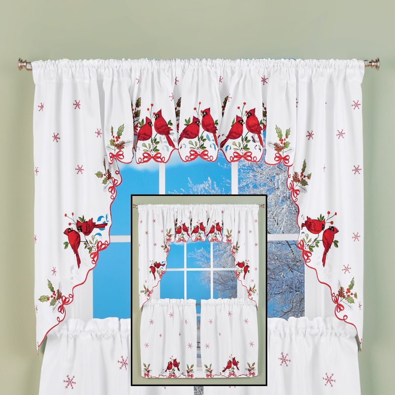 Collections Etc Embroidered Winter Cardinals Window Curtain Panels Collection, Red, Green and White Christmas Accents, 2 of 3