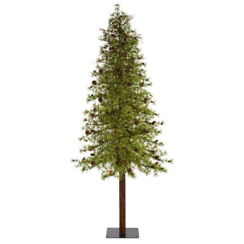 Nearly Natural 9' Wyoming Alpine Prelit LED Artificial Christmas Tree with Pine Cones on Natural Trunk, 1 of 2
