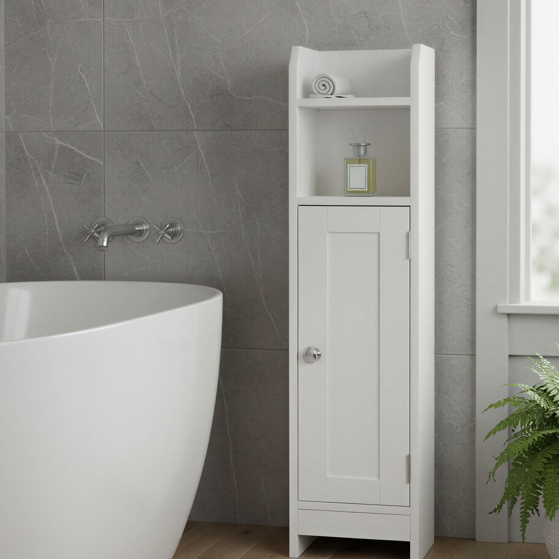 LEDREM Slim Freestanding Bathroom Cabinet, Narrow Storage Unit with Door and Adjustable Shelves, Toilet Paper Organizer, White