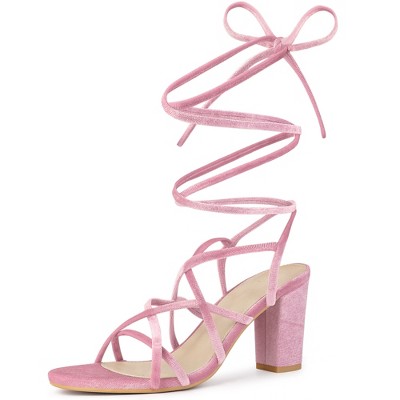 Perphy Women's Faux Velvet Strappy Lace Up Slingback Chunky Heels Sandals
