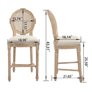 Gulches Set of 2 26'' French Country Bar Chairs, Beige Cotton Linen Upholstery with Natural Rattan Round Back, Carved Solid Wood Frame - 1 of 4
