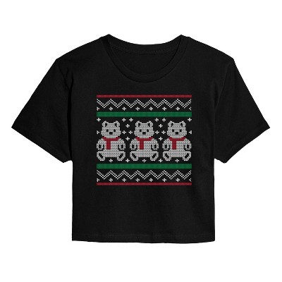Women's - Instant Message - Teddy Bear Ugly Sweater Cropped Graphic T-Shirt