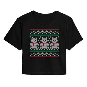 Women's - Instant Message - Teddy Bear Ugly Sweater Cropped Graphic T-Shirt - 1 of 4