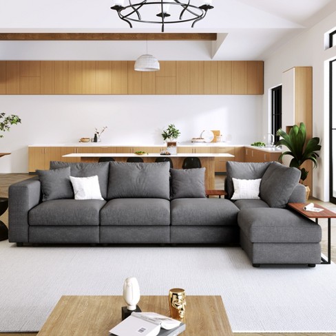 112 Wide Large Modern Upholstered L-Shaped Sectional Sofa with 4 Cushions, Mode - LightGrey