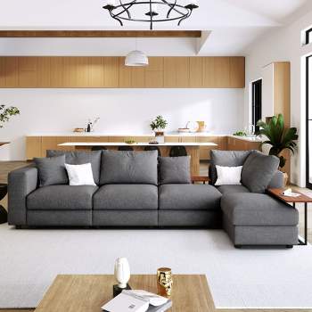 Modern Large L-Shape Upholstered Sectional Sofa Couch with 2 Pillows and 2 End Tables-ModernLuxe