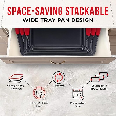 3-Piece Non-Stick Carbon Steel Baking Sheet Pan Set with Red Silicone Handles